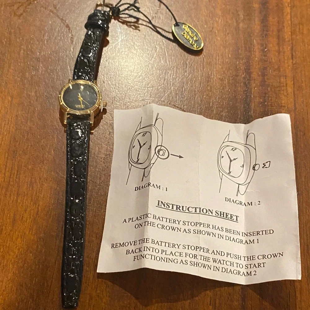 Vintage Japan movement diamond quartz Black Leather Strap Gold Watch